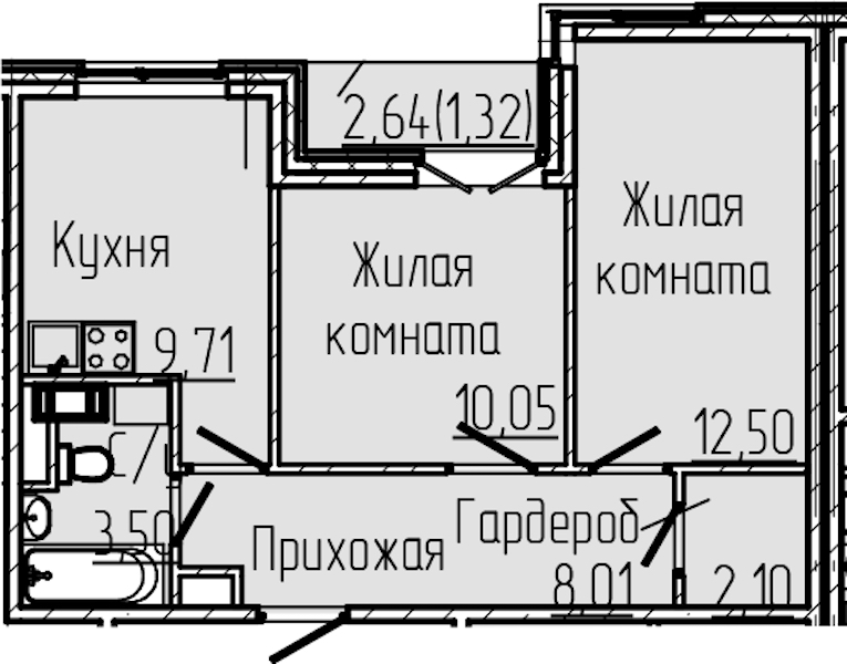 2-комнатная квартира 47.19 м², 7/8 эт., ЖК «SERTOLOVO PARK»